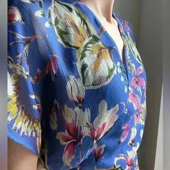 Zara Women’s Floral Blue Sheer Wrap Waist Coastal Euro Summer Boho Top XS - Picture 3 of 11